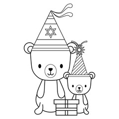 happy birthday design with cute bears with party hats over white background, vector illustration