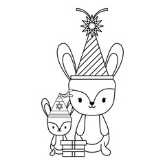 happy birthday design with cute rabbits with party hats over white background, vector illustration
