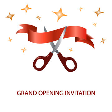 Red banner Grand opening with scissors and stars