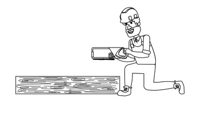 construction man with hand saw and wood board over white background, vector illustration