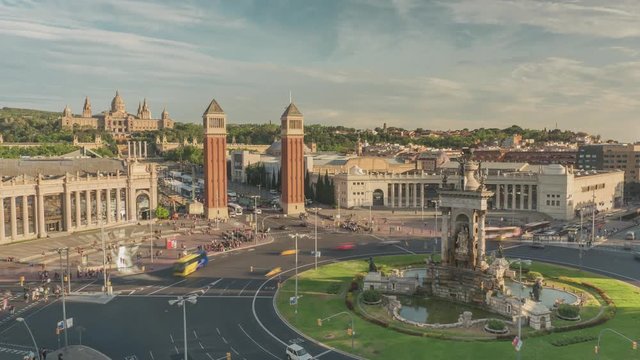 Timelapse of the Placa Espanol in Barcelona .View on Torres Venecianes and Museu Nacional d'Art in 4k, 4096x2304