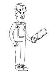 construction worker holding a hand saw over white background, vector illustration