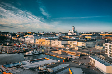 Helsinki, Finland. Top View Of Market Square, Street With Presidential Palace