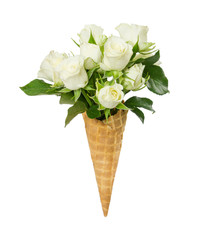 Waffle cone with flower bouquet from white roses isolated on white