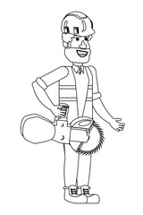 construction worker holding a circular saw over white background, vector illustration