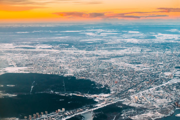 Riga, Latvia. Aerial View Of Sunrise Above City. View From High 