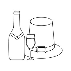 pilgrim hat and champagne bottle and glass over white background, vector illustration