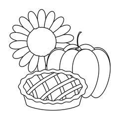 sunflower with pumpkin and apple pie over white background, vector illustration