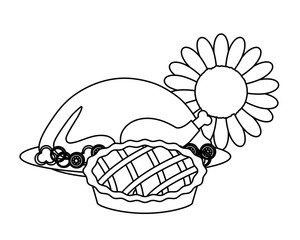 roasted turkey with sunflower and pie over white background, vector illustration