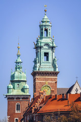 Obraz premium Towers of Royal Archcathedral Basilica of Saints Stanislaus and Wenceslaus on the Wawel Hill in Cracow city, Poland
