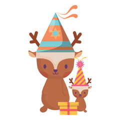 happy birthday design with cute deers with party hats over white background, vector illustration