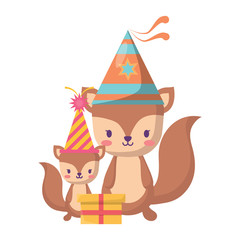 happy birthday design with cute squirrels with party hats over white background, vector illustration