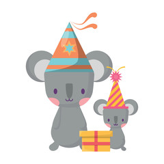 happy birthday design with cute koalas with party hats over white background, vector illustration