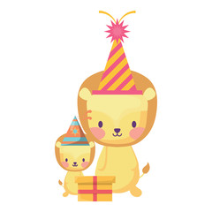 Obraz premium happy birthday design with cute lions with party hats over white background, vector illustration