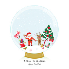 Snow globe. Santa claus and deer. Happy new year merry christmas greeting card