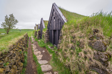 Traditional turf houses in Keldur historical farm in Southern Iceland