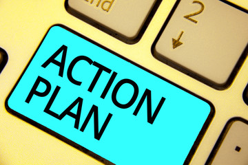 Text sign showing Action Plan. Conceptual photo list of things or schedule to be made thia current year Keyboard blue key Intention create computer computing reflection document.