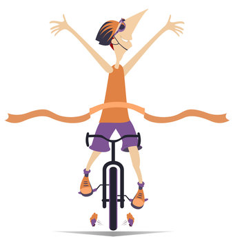 Cartoon man rides a bike and wins the race isolated illustration. Smiling man in helmet rides a bike and finishes with a winner ribbon isolated on white
