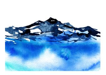 Watercolor drawing with a mountain landscape. The peak of the mountain, the rock, the canyon.  A blue sky,lake, river, water a splash of paint. On white isolated background. Postcard, picture, logo.