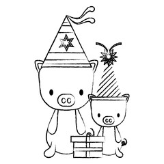 happy birthday design with cute pigs with party hats over white background, vector illustration