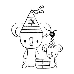 happy birthday design with cute koalas with party hats over white background, vector illustration