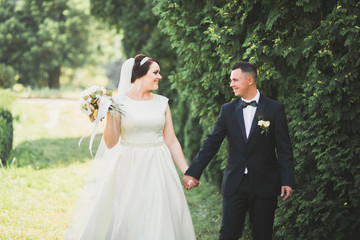 Perfect couple bride, groom posing and kissing in their wedding day