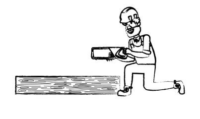 construction man with hand saw and wood board over white background, vector illustration