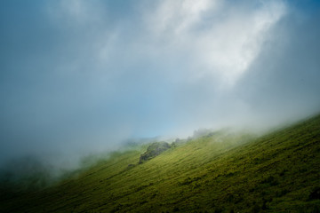 Detail of the cauldron of Corvo Island in Azores with some fog