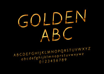 Vector glossy sign Golden ABC. Chic Golden rotated Alphabet Letters, Numbers and Symbols.