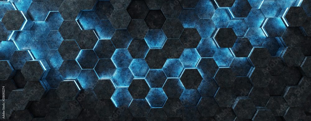 Poster black and blue hexagons background pattern 3d rendering