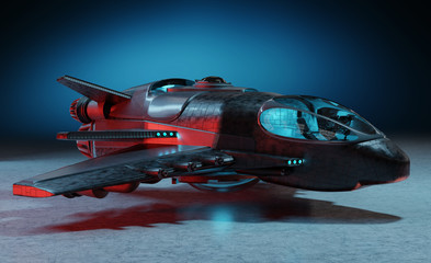 Futuristic spacecraft isolated on dark background 3D rendering