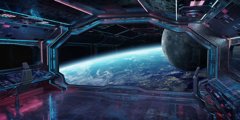 Grunge Spaceship interior with view on planet Earth 3D rendering