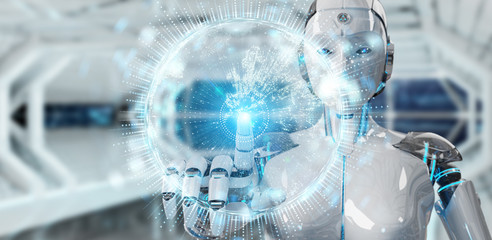 White humanoid woman using globe network hologram with Europe map 3D rendering