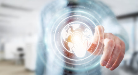 Businessman using digital screens interface with holograms datas 3D rendering