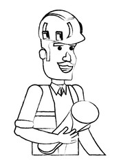 cartoon construction man holding a plans over white background, vector illustration