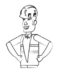 construction worker with safety vest and helmet over white background, vector illustration