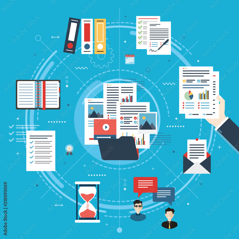 Poster folder with finance documents, data file, video and photo. hands with data sheets in analysis. contr