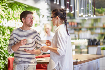 Trendy woman and man standing in modern cafeteria and talking in relaxation while having coffee