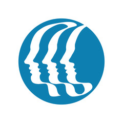 Three (or six) human profile, drawn by calligraphic ribbon-like single line. Symbol of the unity in diversity. Vector drawing on isolated background.