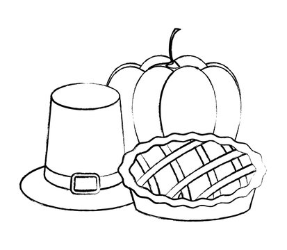 pilgrim hat with pumpkin and pie over white background, vector illustration