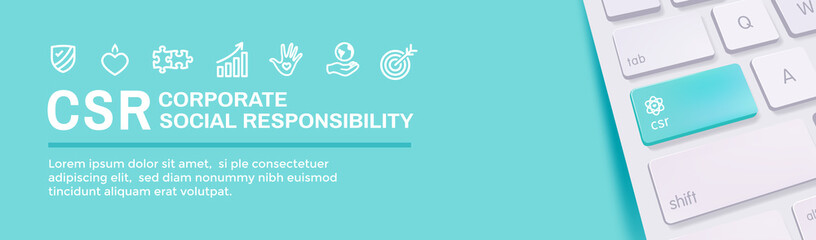 CSR-Social Responsibility Web Banner Icon Set and Web Header Banner w Honesty, integrity, collaboration, etc.