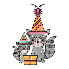 happy birthday design with cute raccoons with party hats over white background, vector illustration