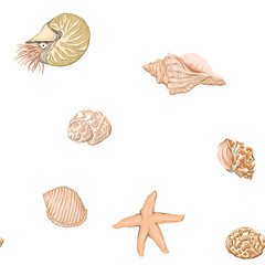 Sea world seamless pattern, background with fish, corals and shells on white background. Stock vector illustration.