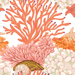Fototapeta na wymiar Sea world seamless pattern, background with fish, corals and shells on white background. Stock vector illustration.