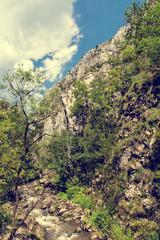 Vintage look of mountain river in the forest and mountain peaks in Turda gorge, Romania