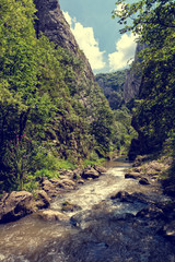 Vintage look of mountain river in the forest and mountain peaks in Turda gorge, Romania