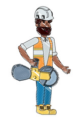construction worker holding a circular saw over white background, vector illustration