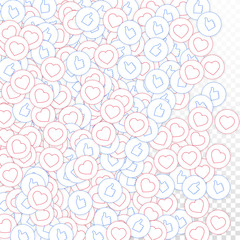Social media icons. Social media addiction concept. Falling scattered thumbs up hearts. Left gradien