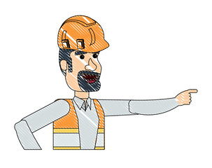 cartoon construction worker with safety vest and helmet over white background, vector illustration