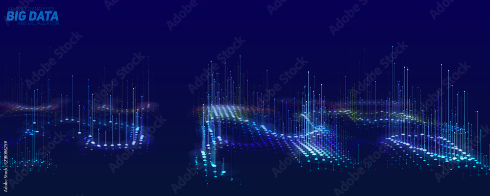 Poster Vector abstract 3D big data visualization. Futuristic infographics aesthetic design. Visual information complexity. Intricate data threads plot. Social network or business analytics representation.